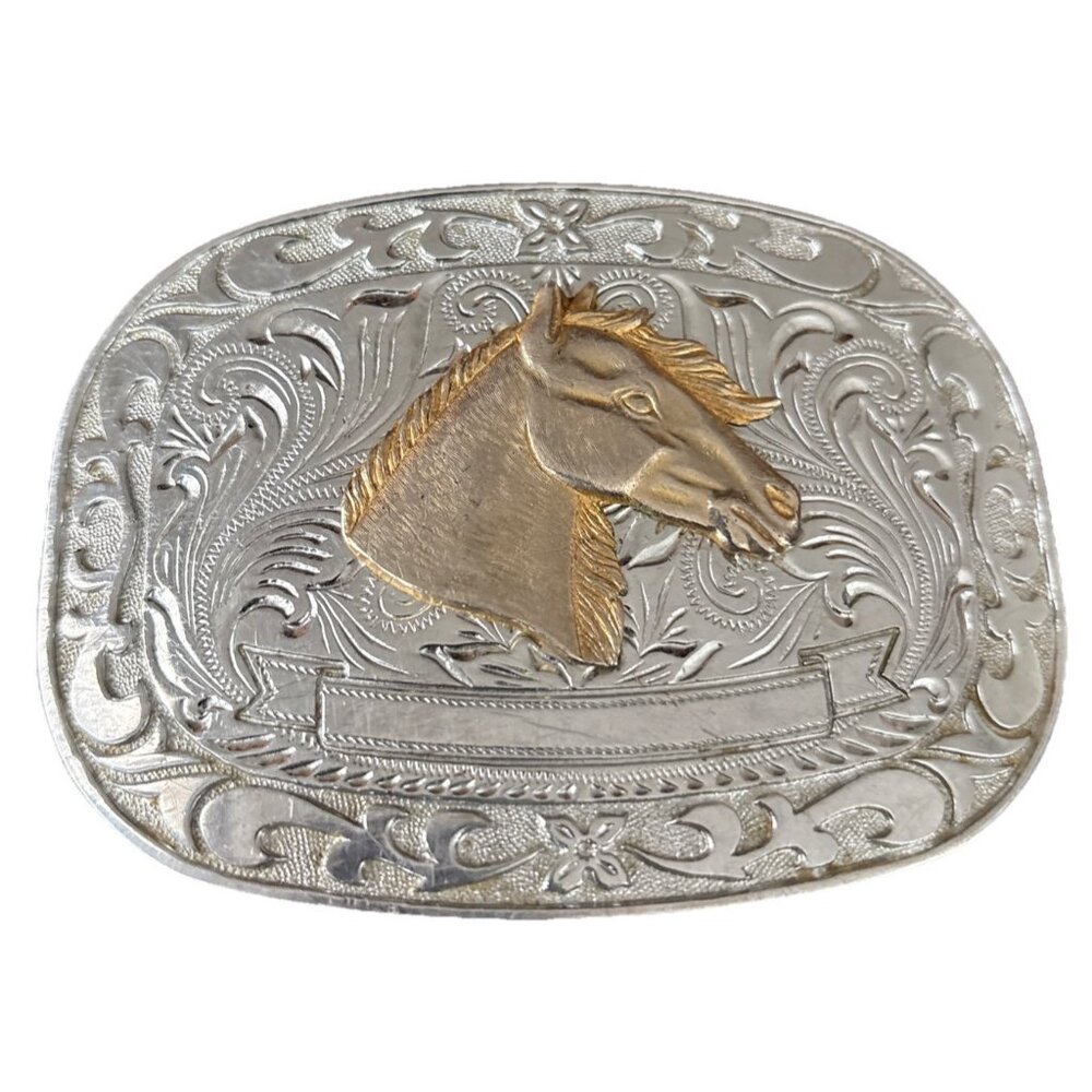 Vintage 4” X 2.5” Silver Belt Buckle With Gold Horse Head & Swirl On Front Side